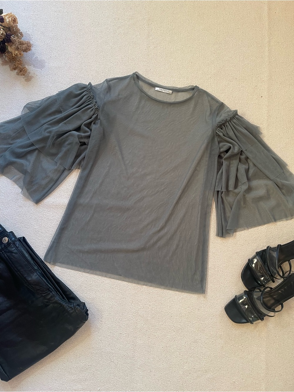 Zara Trafaluc Grey Sheer Mesh Bell Sleeve Top — Size S